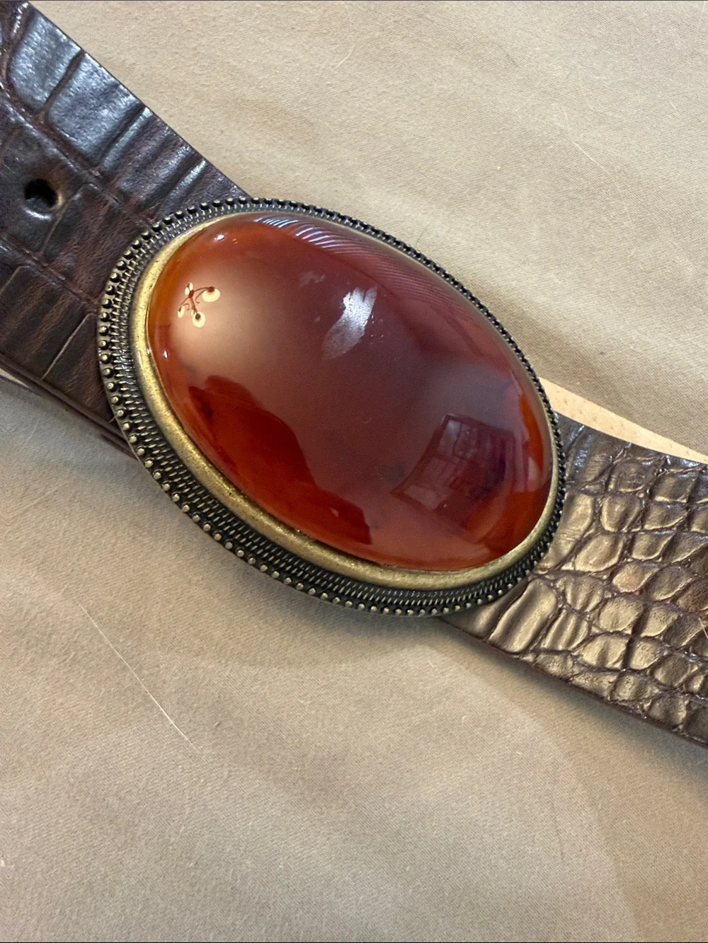 Dark Brown Croc-Pattern Leather Belt with Amber Cabochon Oval Stone Buckle